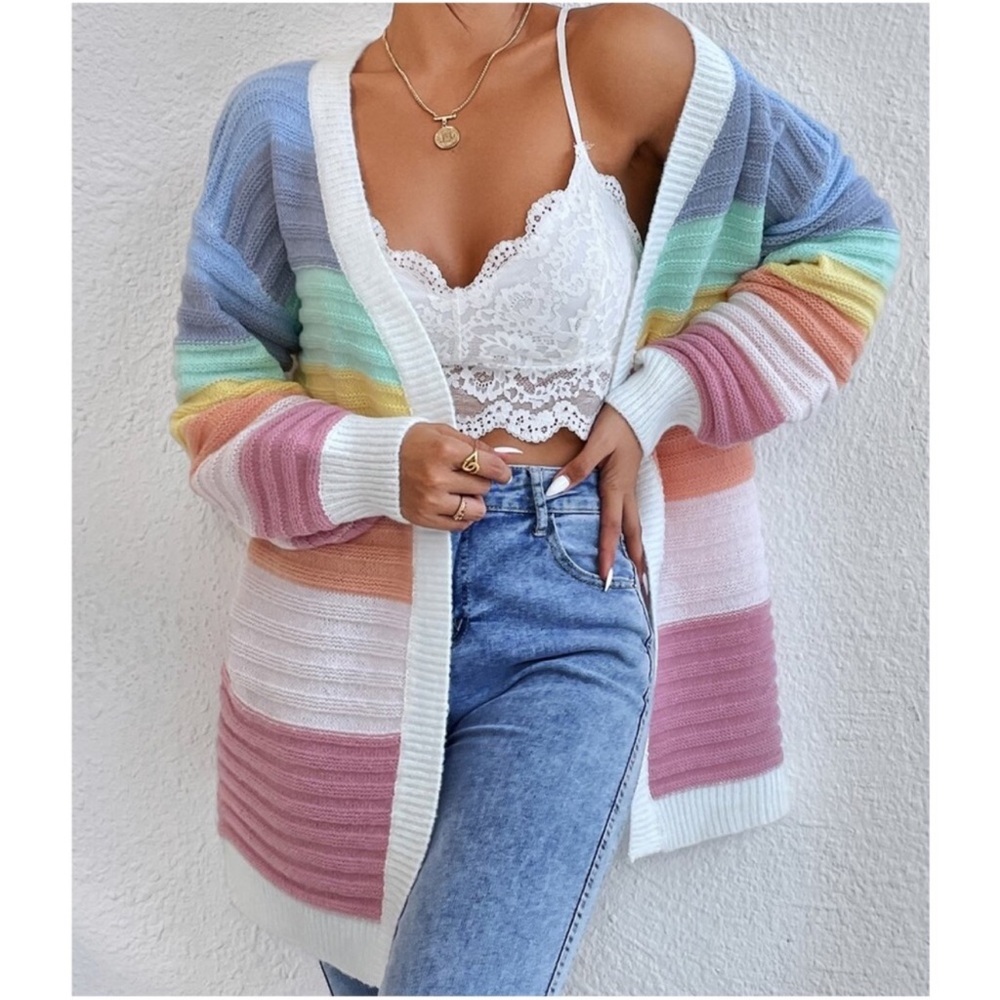 Plus Cozy Colorblock Open Front Stripes Oversized Cardigan 1X 2X 3X